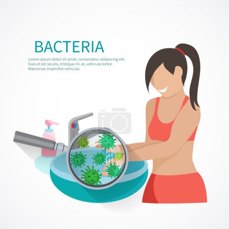 Téléchargez les illustrations : Concept d'hygiène avec femme se laver les mains et les icônes bactériennes illustration vectorielle plate - en licence libre de droit