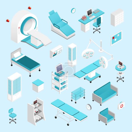 Ilustración de Equipo de hospital y muebles iconos isométricos conjunto ilustración vectorial aislado - Imagen libre de derechos