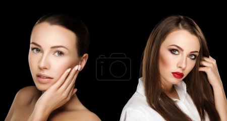 Foto de Comparar retratos hermosa chica con las manos en la cara con y sin maquillaje, antes y después de los cambios en el fondo negro - Imagen libre de derechos