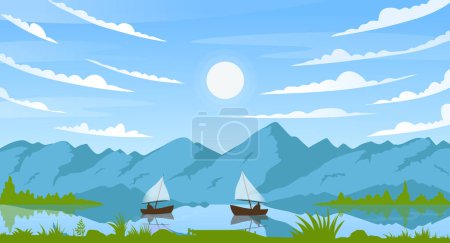 Montagne été paysage ensoleillé avec des bateaux de pêcheurs sur la rivière ou le lac, soleil dans le ciel bleu