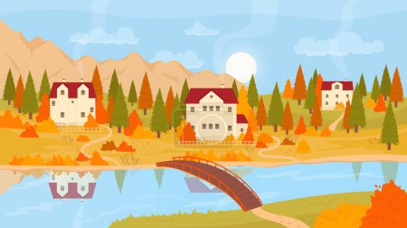 Foto de Otoño naturaleza montaña paisaje, casas, puente sobre el vector del río ilustración. Historieta de pueblo europeo de dibujos animados, edificios señoriales con jardines y patios de granja, fondo de árboles de colores - Imagen libre de derechos
