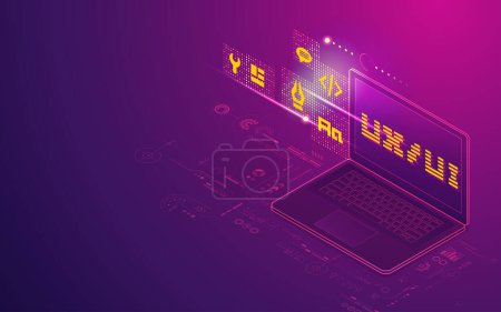 Illustration for Concept of UX UI development, computer laptop with digital technology element presented in isometric - Royalty Free Image