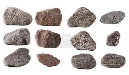 Photo for Big Collection stones on white background. Set of multiple granite stones isolated. Set of different stones isolated on white background. - Royalty Free Image