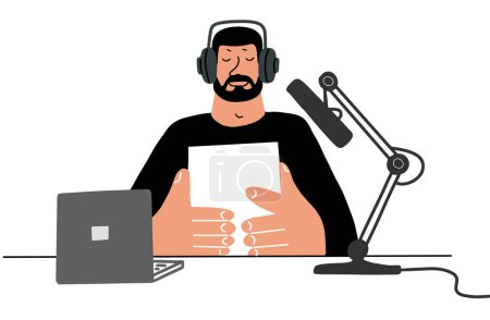 Radio podcast periodista de noticias en auriculares con micrófono en el estudio