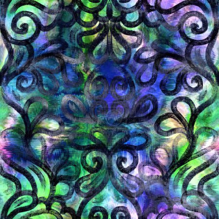 Photo for Seamless abstract color blobs with damask overlay. High quality illustration. Painterly dye-like blue purple and green bleed watery background color with beautiful pattern overlay. - Royalty Free Image