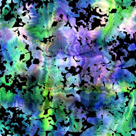Photo for Seamless abstract color blobs with floral flower pattern overlay. High quality illustration. Painterly dye-like blue purple and green bleed watery background color with beautiful pattern overlay. - Royalty Free Image