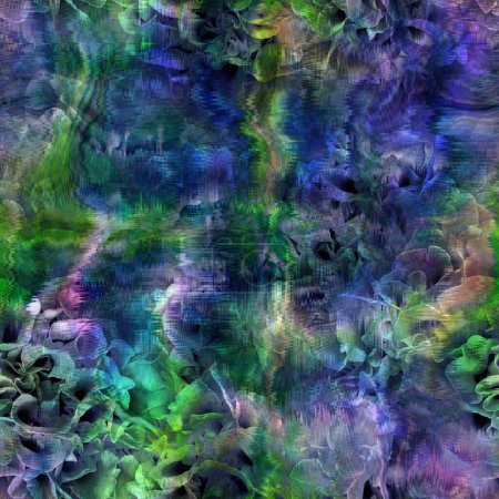 Photo for Seamless abstract color blobs with floral flower pattern overlay. High quality illustration. Painterly dye-like blue purple and green bleed watery background color with beautiful pattern overlay. - Royalty Free Image