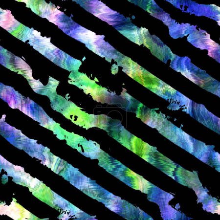 Photo for Seamless abstract color blobs with stripes overlay. High quality illustration. Painterly dye-like blue purple and green bleed watery background color with beautiful pattern overlay. - Royalty Free Image