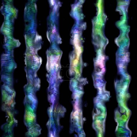 Photo for Seamless abstract color blobs with stripes overlay. High quality illustration. Painterly dye-like blue purple and green bleed watery background color with beautiful pattern overlay. - Royalty Free Image