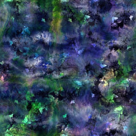 Photo for Seamless abstract color blobs with floral flower pattern overlay. High quality illustration. Painterly dye-like blue purple and green bleed watery background color with beautiful pattern overlay. - Royalty Free Image
