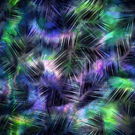 Photo for Seamless abstract color blobs with tropical foliage overlay. High quality illustration. Painterly dye-like blue purple and green bleed watery background color with beautiful pattern overlay. - Royalty Free Image