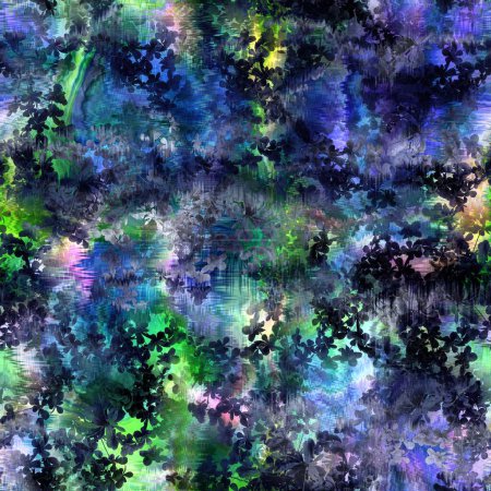 Photo for Seamless abstract color blobs with tropical foliage overlay. High quality illustration. Painterly dye-like blue purple and green bleed watery background color with beautiful pattern overlay. - Royalty Free Image