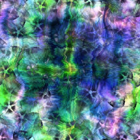 Photo for Seamless abstract color blobs with floral flower pattern overlay. High quality illustration. Painterly dye-like blue purple and green bleed watery background color with beautiful pattern overlay. - Royalty Free Image