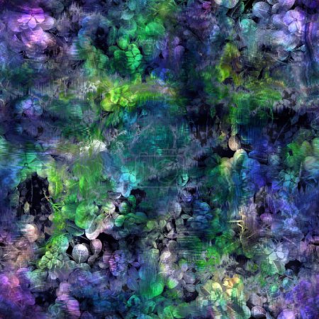 Photo for Seamless abstract color blobs with floral flower pattern overlay. High quality illustration. Painterly dye-like blue purple and green bleed watery background color with beautiful pattern overlay. - Royalty Free Image