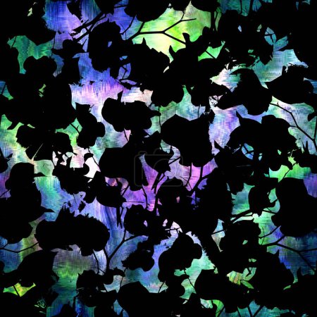Photo for Seamless abstract color blobs with floral flower pattern overlay. High quality illustration. Painterly dye-like blue purple and green bleed watery background color with beautiful pattern overlay. - Royalty Free Image