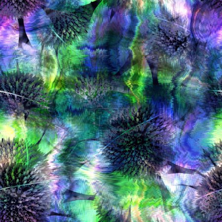 Photo for Seamless abstract color blobs with floral flower pattern overlay. High quality illustration. Painterly dye-like blue purple and green bleed watery background color with beautiful pattern overlay. - Royalty Free Image