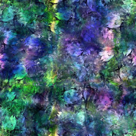 Photo for Seamless abstract color blobs with floral flower pattern overlay. High quality illustration. Painterly dye-like blue purple and green bleed watery background color with beautiful pattern overlay. - Royalty Free Image