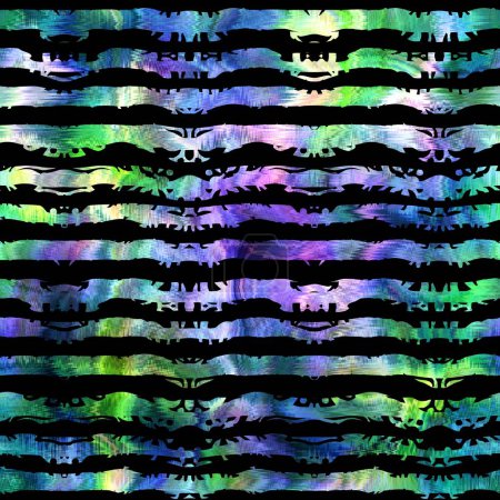 Photo for Seamless abstract color blobs with stripes overlay. High quality illustration. Painterly dye-like blue purple and green bleed watery background color with beautiful pattern overlay. - Royalty Free Image