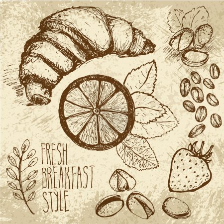 Ilustración de Desayuno bosquejado con croissant y granos de café - Imagen libre de derechos
