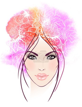 Illustration for Vector portrait of a young beautiful girl with abstract watercolor and floral hair isolated on white. Beauty salon or spa concept. - Royalty Free Image