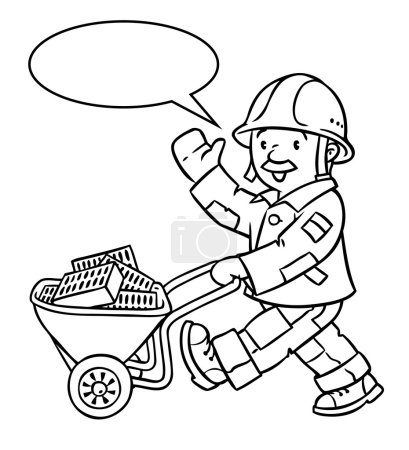 Illustration for Coloring picture or coloring book of funny construction worker or builder with cart. Profession series. Childrens vector illustration. With balloon for text. - Royalty Free Image