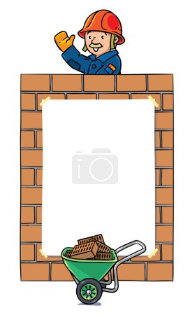 Illustration for Banner or frame with funny construction worker or builder, waving by hand, on the brick wall background, and the cart at the bottom. Profession series. Childrens vector illustration. Design template - Royalty Free Image