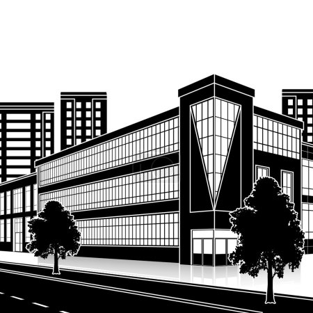 immeuble de bureaux silhouette avec entrée et réflexion 