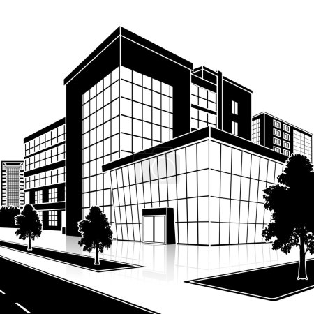immeuble de bureaux silhouette avec entrée et réflexion 