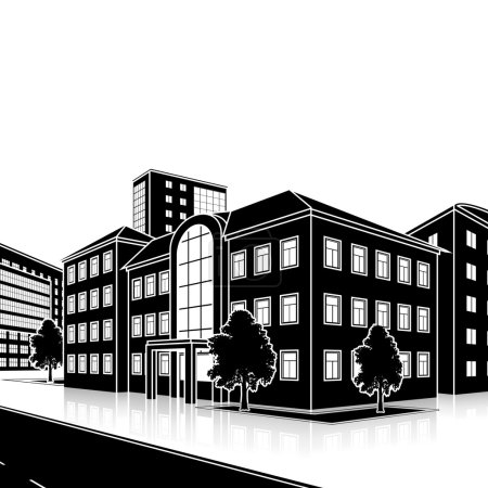 immeuble de bureaux silhouette avec entrée et réflexion 