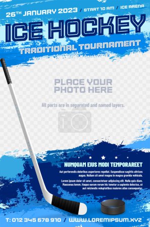 Téléchargez les illustrations : Modèle d'affiche du tournoi de hockey sur glace avec bâton, rondelle et place pour votre photo - illustration vectorielle - en licence libre de droit