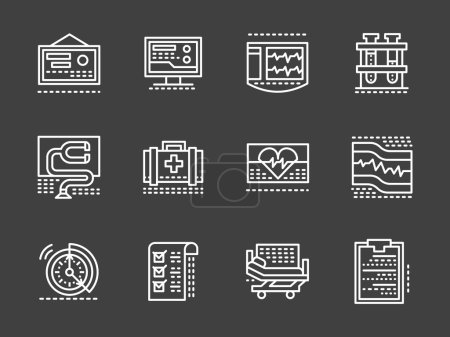 Ilustración de Industria de la salud. Hospital y clínica, equipo médico. Tema de cardiología. Conjunto de iconos vectoriales de línea simple blanca sobre fondo negro. Elementos de diseño web para sitio, negocio, aplicación móvil
. - Imagen libre de derechos