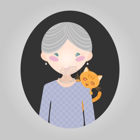 Illustration for Happy old lady with her kitten. Cat lover character. Grey-haired grandmother with a pet cat. Vector illustration of old woman person for web site or application. Smiling person and a tabby cat. - Royalty Free Image