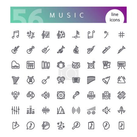 Illustration for Set of 56 music line icons suitable for web, infographics and apps. Isolated on white background. Clipping paths included. - Royalty Free Image