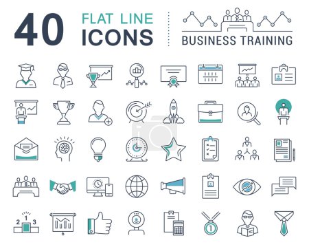 Ilustración de Establezca iconos de línea vectorial en capacitación y desarrollo de negocios de diseño plano, curso de capacitación, reunión de negocios con elementos para conceptos móviles y aplicaciones web. Colección moderna infografía logotipo y signo
. - Imagen libre de derechos
