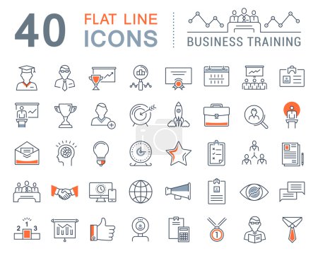 Ilustración de Establezca iconos de línea vectorial en capacitación y desarrollo de negocios de diseño plano, curso de capacitación, reunión de negocios con elementos para conceptos móviles y aplicaciones web. Colección moderna infografía logotipo y signo
. - Imagen libre de derechos