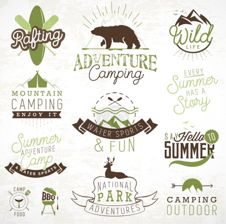 Elementos de diseño de camping, insignias y etiquetas de estilo vintage
