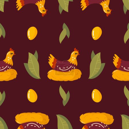 Ilustración de Patrón sin costura vectorial de pollo de dibujos animados sentado en un nido, hojas, huevos sobre un fondo oscuro. - Imagen libre de derechos