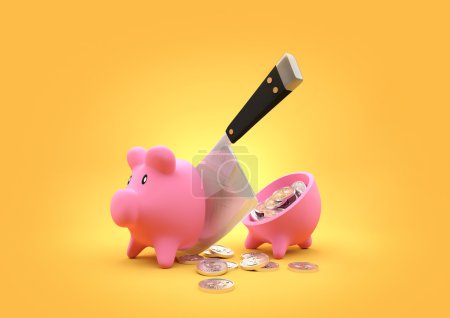 Photo for Slashed Savings. A piggy bank cut in half with a butchers cleaver. Money concept. - Royalty Free Image