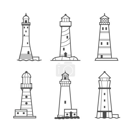 Ilustración de Icono de vector simple o conjunto de logotipo de faros en blanco y negro. Torres de luz de búsqueda para orientación de navegación marítima - Imagen libre de derechos