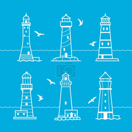 Illustration for Simple vector icon or logo set lighthouses on blue background. Searchlight towers for maritime navigational guidance - Royalty Free Image