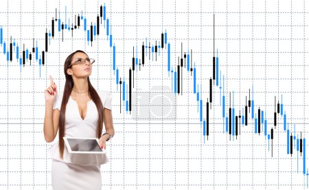 Photo for Business lady standing against the background of the graph dynamics of prices or exchange rates. Woman meditates on a graph and shows stock quotes and trading. Businesswoman holding electronic tablet. - Royalty Free Image