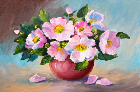 Pintura al óleo de rosas silvestres rosadas de primavera en un jarrón sobre lienzo, obra de arte
