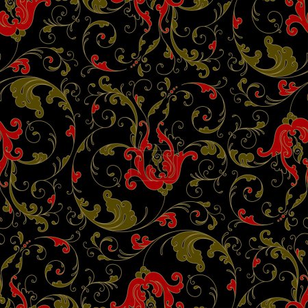 Illustration for Folk traditional painting. Seamless pattern with flowers, red and gold on black - Royalty Free Image