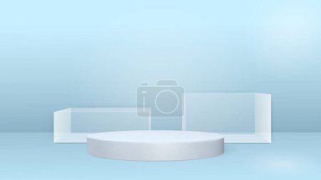 Photo for Scene with glass geometric shapes. Minimal style. Round podium for the demonstration of cosmetic products. 3d rendering. Pedestal on a blue background. Vector realistic. EPS - Royalty Free Image