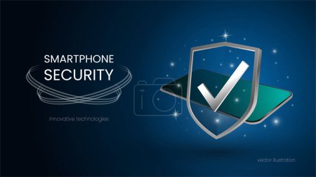 Photo for Smartphone data protection concept. Realistic transparent shield protects information on the phone from external threats, scammers, viruses. Safety. Dark blue background for advertising - Royalty Free Image