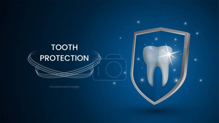 Photo for Snow white, sparkling tooth protects itself with a shield against dental diseases. Teeth protection concept for dental advertising on dark blue background. Realistic vector 3d model. Stomatology - Royalty Free Image