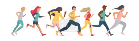 Photo for People are running a marathon. Men and women of different nationalities go in for sports together. Participation in sports races, athletic competitions. Flat style on an isolated white background - Royalty Free Image