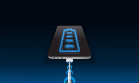 Photo for Phone is charged with energy through the white cable. Battery sign on telephone screen. Smartphone on black background. Mobile. Realistic 3d vector - Royalty Free Image