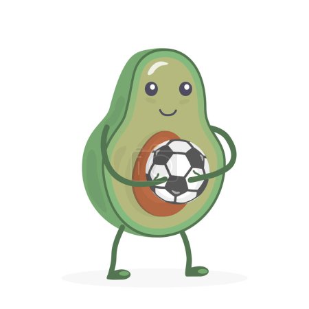 Photo for Kawaii avocado plays football. Food. Green fruit stands, holds a soccer ball in his hands. Sports goalkeeper. White background. Vector illustration. Isolated - Royalty Free Image