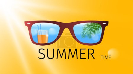 Photo for Sunglasses on an orange background. Glass of juice, palm branches against the background of the blue sea. Glasses. Inscription summer time. Realistic objects 3d. Holiday. Vector - Royalty Free Image